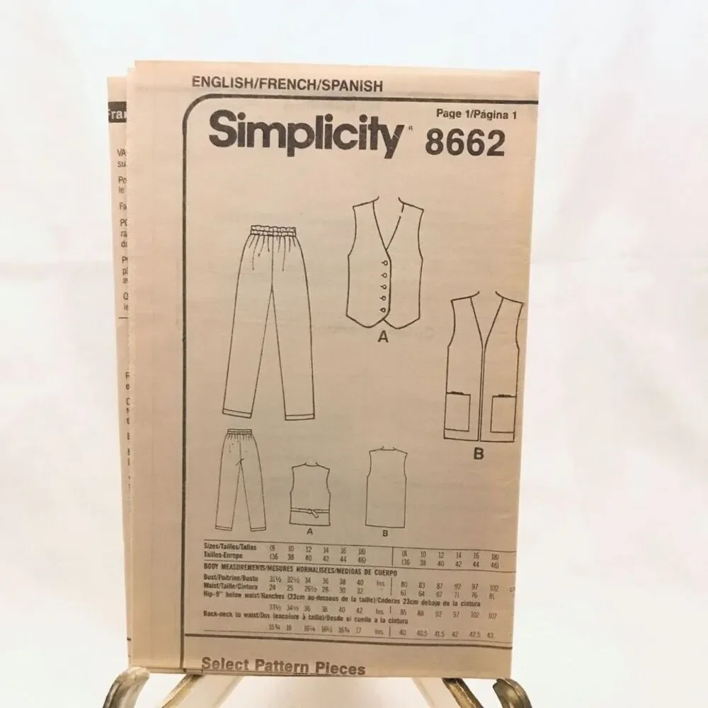 #8662 Simplicity womans vest pants sewing pattern 8-18